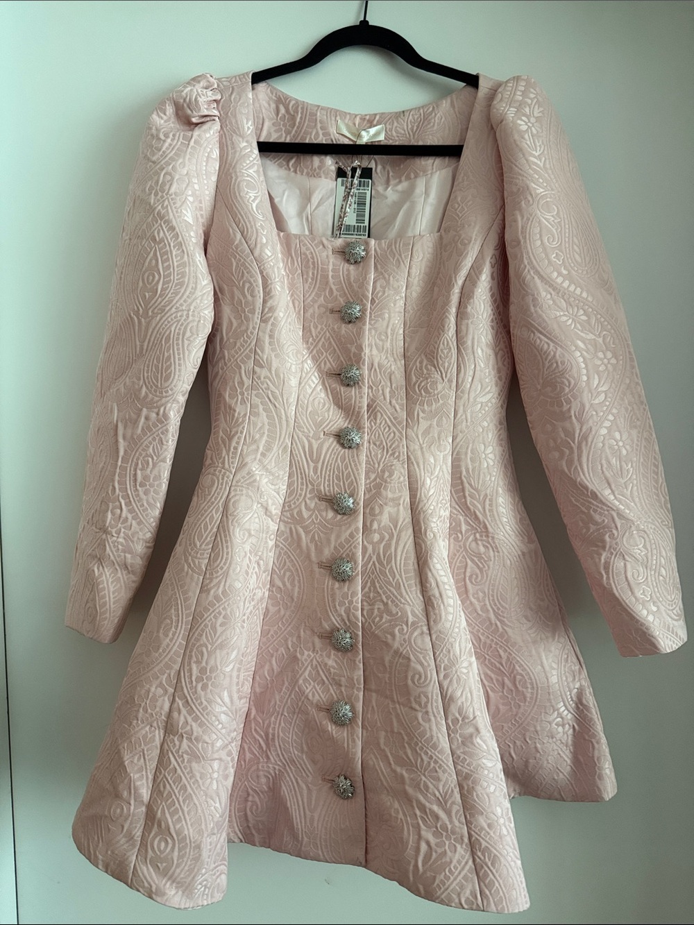 LoveShackFancy Pale Pink Jacquard Mini Dress with Jeweled Buttons